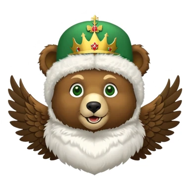 Sweet brown bear face with green eyes, white fluffy ushanka hat with Russian coat of arms showing golden eagle with spread wings, crowns, scepter, orb, and St. George shield, iOS emoji style sticker