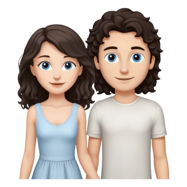 white girl, dark brown long slightly curly hair , skinni but with big breast , septum piercing on nose, beautiful dark gray-blue eyes, in white dress , boy dark brown eyes , light white skin , tall , skinny , light brown mid haircut ,  sticker