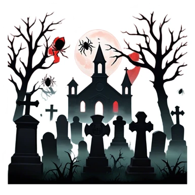 Icon for Horror Movies: A chilling collage with dark silhouettes of monstrous figures, eerie graveyards, and creepy elements like spiders and tombstones. Ghostly fog surrounds, with a blood-red moon in the sky. The mood is unsettling, eerie, and haunting. Transparent background. sticker