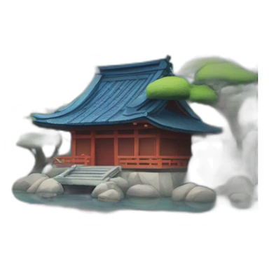 A lakeside island with a shinto gate and small Japanese house with a blue tiled r sticker