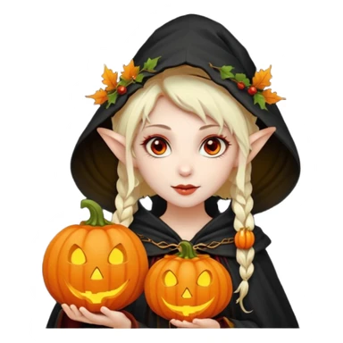 female elf vampire emoji, pale skin, red eyes, elegant face, autumn leaf and pumpkin wreath on head, black hooded cloak with cobweb details, holding small glowing pumpkin lantern, Halloween fantasy theme, Apple emoji style, clean white background, square sticker