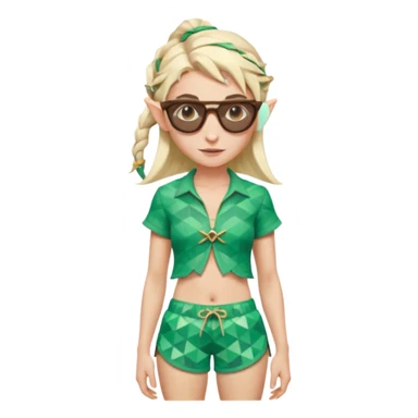 elf female legolas portrait, patterned board shorts (geometric/abstract), unique wooden-framed sunglasses, undercut hairstyle, slight smirk, visible pointy ears, no background, centered emoji, hipster summer vibe coctails  sticker