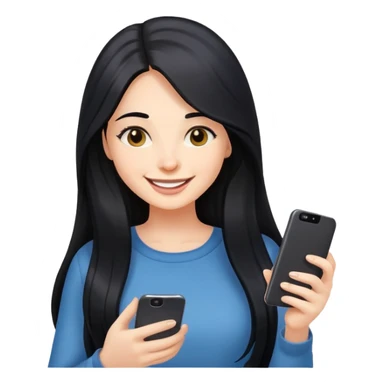 women with black long hair looking at phone and smiling sticker