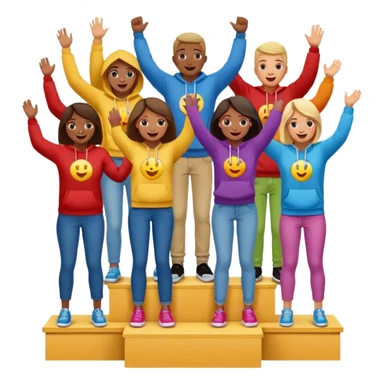 multi-racial group on a winners’ podium with middle step higher, no numbers on podium, wearing colorful jeans t-shirts and hoodies, excited fun expressive emoji style sticker