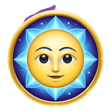 Create a minimal glowing emoji symbol of pure consciousness (Chetna) and formless God. Abstract divine energy, radiant light, infinity aura, cosmic spiritual vibe. No human form. Golden, blue, violet glow. Clean modern emoji style. sticker