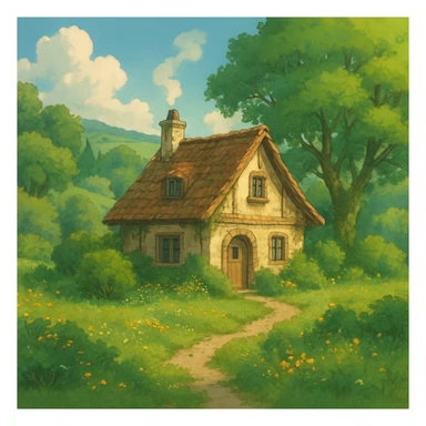 cozy cottage in a lush landscape with gentle lighting in ghibli style sticker