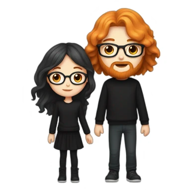 girl with long orange hair wearing no glasses and all black clothes and holding hands with boy with brown hair and beard and glasses and pale skin sticker