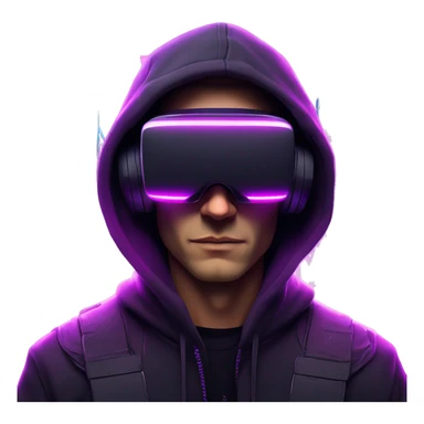 Russian man wearing a black hoodie with "OMG" letters on it and VR headset in a cyberpunk VR environment with violet neon lighting. sticker