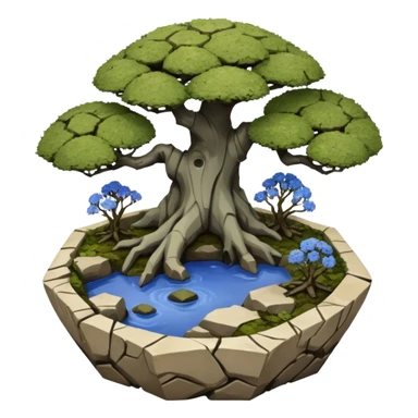 Bare Alien landscape mudman very old broken cracked intricate Stone Age rocky-crusted irregular dodecagon-shaped shallow dark moss rough bark blue willow flowered maple tree bonsai pot sticker