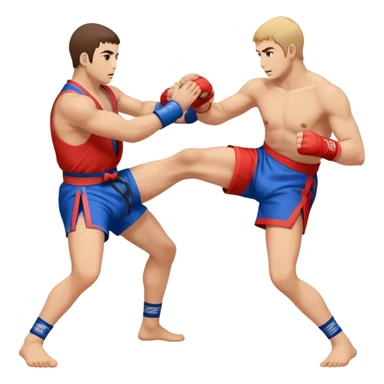 An icon symbolizing Sambo, featuring two fighters in blue and red kimonos with shorts and wrestling shoes. One executes a powerful throw, while the other attempts a defensive grab. The fighters are engaged in a grapple, using joint locks and sweeps.  sticker