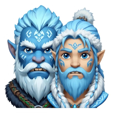 Legendary fantasy orc Christmas portrait icon, Frostfather and Snow Maiden inspired, primal winter god style, massive icy beard, glowing blue eyes, heavy fur coat, tribal frost runes, powerful brutal presence, blizzard atmosphere, clean stylized emoji icon
 sticker