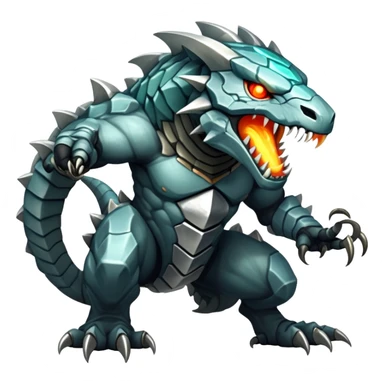 Create a hybrid predator that combines the territorial stone guardian's impenetrable defense with the metallic serpent's deadly speed and venomous bite, resulting in a segmented rock-steel creature that can both form a protective shell and uncoil into a swift, striking form with glowing eyes and crystalline fangs. full body sticker
