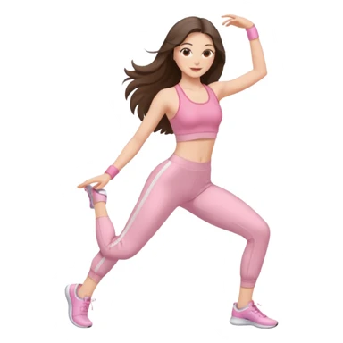 white brunette girl long hair with hazel eyes in light pink workout clothes dancing  sticker