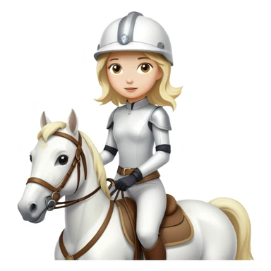 Girl with blonde hair riding a white horse with a helmets  sticker