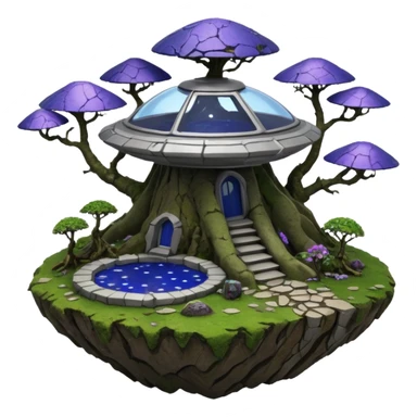 Crashed Alien saucer-castle jungle winding trail mountainside getaway haunted nighttime hobbit landscape antique mudman very old broken cracked intricate Stone Age lapis-crusted irregular dodecagon-shaped shallow dark moss rough bark violet flowered maple treehouse bonsai Saikei coffee table  sticker