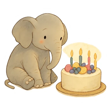 elephant beside one colorful candle-lit fruit cake, soft Ghibli style sticker
