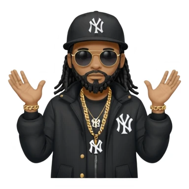 African American man with shoulder length black dreadlocks with black beard wearing black sunglasses wearing a black New York Yankees logo baseball cap wearing a black bubble winter coat with hands down with both palms facing down sticker