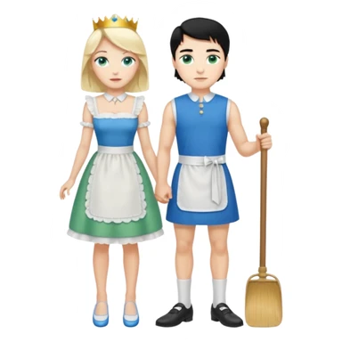 King, black hair, body, legst, blue eyes, shoes, maid blonde hair, green eyes, sexy short sleveless White dress, shoes sticker