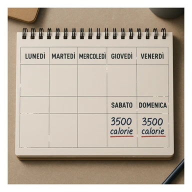 Hyperrealistic top-down view of a weekly calendar in Italian, showing days from Monday to Sunday. Only Saturday and Sunday have the text '3500 calorie' underlined in red below, with no red circle on Friday. 4K details, desk atmosphere. sticker