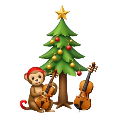 A cute, minimal emoji-style Christmas tree with a bright green triangular shape decorated, a wooden violin replacing the trunk, and a small playful monkey sitting at the very top carefully placing a golden Christmas star sticker