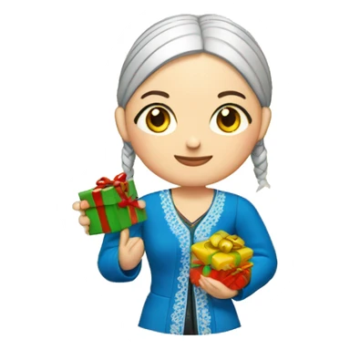 A female teacher in Ukrainian embroidery holds a gift in her hand sticker