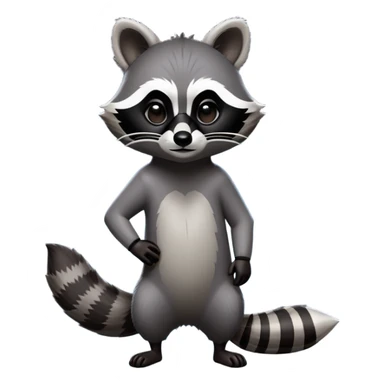 Cinematic-Raccoon-Realistic-Full-Body-Standing-Emoji – Tail flicking lazily, head tilted dramatically, thick grey fur with a signature black mask, sharp and alert ears, simplified yet realistic focused features, highly detailed, glowing with an almost sarcastic glow. sticker