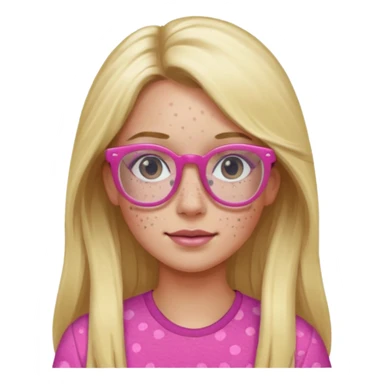 Innocent blonde long hair woman with black eyes and light skin and pink glasses and freckles  sticker