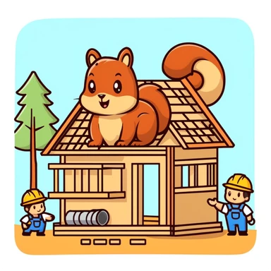 squirrel hut under construction with four workers sticker