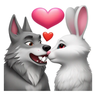 Old Wolf kisses a white Bunny who has pink ears, with big red heart between them sticker