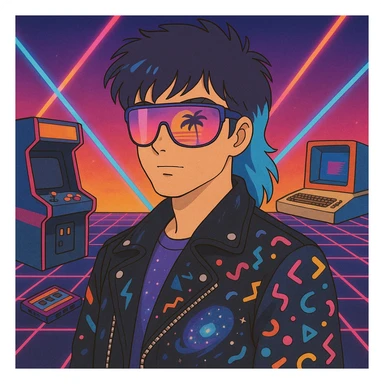 80s retro-futurism male portrait with mullet haircut with neon blue tips, airbrushed sunglasses with pink-purple gradient and palm/sunset reflection, leather jacket with lightning, cosmic, and Memphis Design patterns, neon gradient background with perspective grid, laser beams, cassettes, arcade games, Commodore 64, MTV-era palette sticker