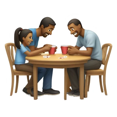An emoji of a family—mother, father, and child—sitting at a table, playing a cup game with paper cups arranged on the table as they have fun together sticker