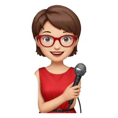 singer, Old, brown short hair, holding mic, red dress, glasses sticker