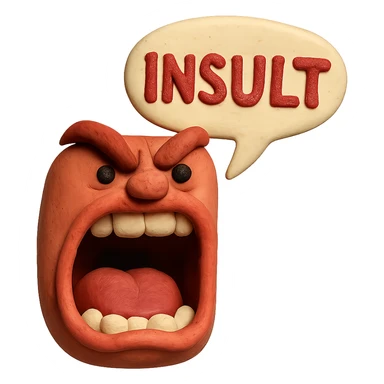 mouth shouting 'INSULT' with exaggerated expression in claymation style sticker
