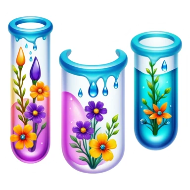 Create an icon that represents decorative arts using epoxy resin in tubes. The design should feature colorful tubes of resin, including fluorescent resin tubes, with visible drops or strokes of resin being applied to create intricate designs. Include finished resin jewelry pieces, such as pendants or rings, containing preserved flowers and insects encased in clear resin. The composition should feel vibrant, artistic, and delicate, showcasing the unique beauty of resin art with natural elements. The background should be transparent sticker
