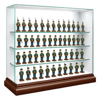 Icon for Miniature Collecting: a collection of finely detailed miniature items such as tiny colorful army of soldiers, figurines and accessories, neatly displayed on a shelf or in a display case. The icon should convey the intricacy and charm of collecting miniature objects. Transparent background. sticker