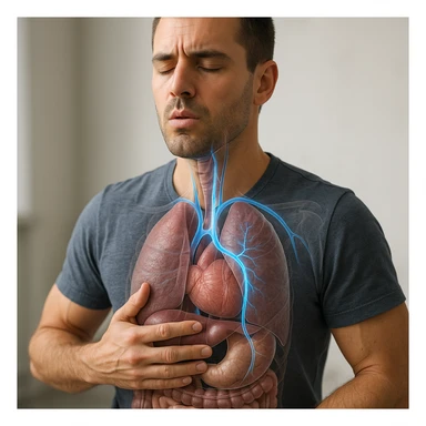 realistic 4K image of a man improving his vagus nerve through breathing protocols, anatomical details, highlighted vagus nerve path with blue glowing effect, man in deep breathing position, transparency on internal organs, clinical atmosphere, neutral background sticker