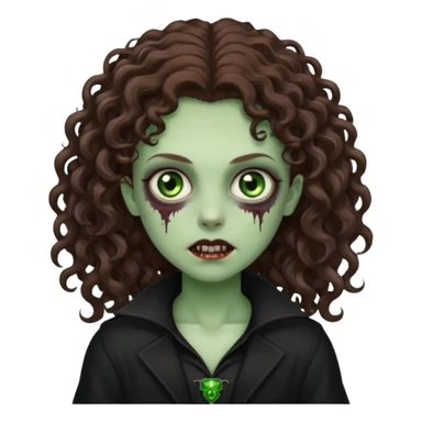 long curly haired zombie with brown hair color and green eye color, with dark vampire clothes sticker