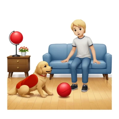 kid and dog playing with ball, living room background sticker