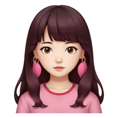Korean girl, red top, black brown hair, brown eyes, long wavy hair, aesthetic, long hair, hime cut, blunt bangs, pink girl sticker