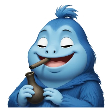 Cute emoji-style illustration of Morra (The Groke) from Moominvalley, smiling softly with closed eyes, holding a small smoking pipe. Her usual gloomy appearance is softened — dark blue or purple fur, round friendly face, tiny paws clutching the pipe. Wisps of smoke curl upward, adding a cozy vibe. Cartoonish, simple lines, vibrant colors, transparent background. Playful and whimsical, fitting Moomin's fairytale aesthetic. sticker