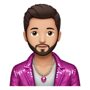 Frankie Zulferino, Pop Singer (b.1990) with dark brown hair and short beard, dark pink sequin jacket, light tan skin, shirtless with necklace sticker