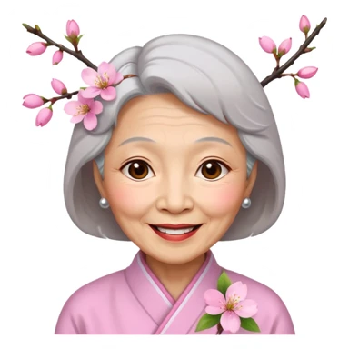 elderly asian woman with cherry blossom sticker
