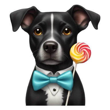 Black dog eating lollipop with a bow tie sticker