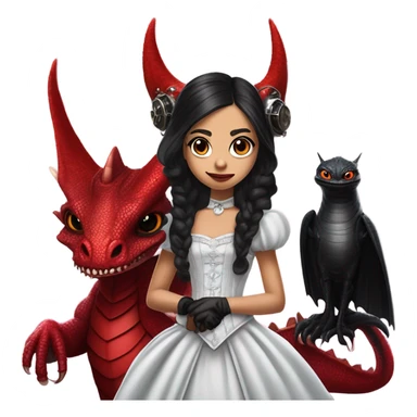 surprised Lavish Victorian evening gown with gloves, Jenna Ortega as Addams girl Jedi wearing a steampunk mini tiara, very large blood red evil-looking horned dragon sticker