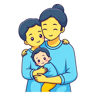 mother hugging daughter with pastel blue background and clothing sticker