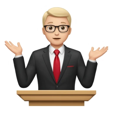 A professional clean-shaven man in a dark business suit and red tie standing behind a podium, confidently delivering a speech. Hands slightly open in a welcoming gesture, soft studio lighting, neutral dark background, friendly facial expression, glasses, elegant and corporate look. sticker