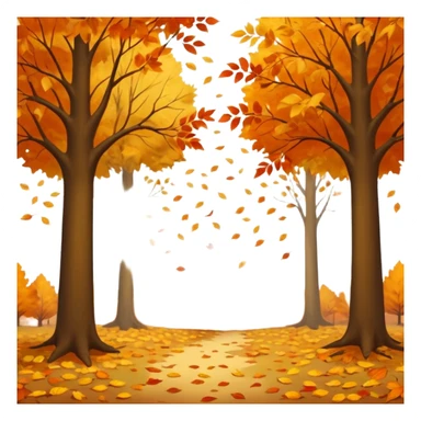 A peaceful autumn scene with golden and orange leaves gently falling from tall trees, soft sunlight filtering through the branches, leaves covering the ground, a gentle breeze in the air, cinematic atmosphere, warm color tones, 4K, ultra detailed, hyperrealistic, dreamy fall season landscape sticker