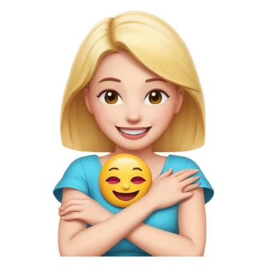 A woman with arms crossed holding neck laughing emoji sticker