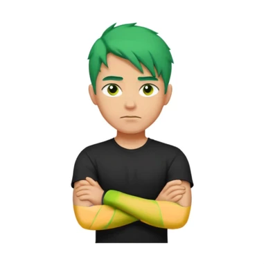 a man with his arms crossed over his chest, green hair, and serious eyes sticker