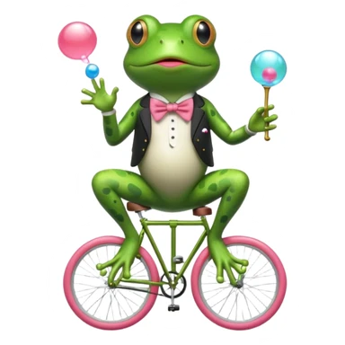 A frog riding a unicycle wearing a monocle blowing a bubble gum bubble sticker